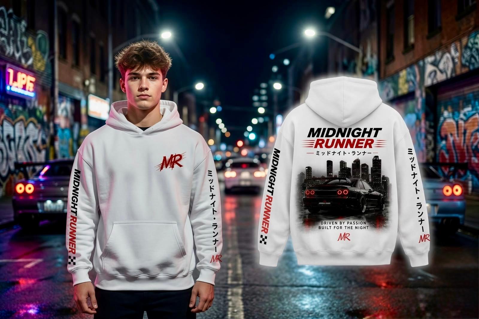 MIDNIGHT RUNNER - Street Racing Hoodie - WHITE